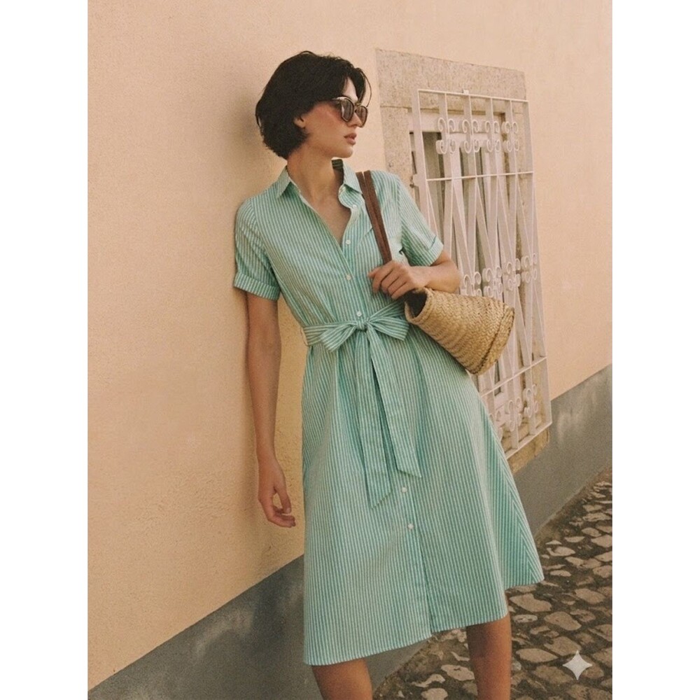 Trovata Birds of Paradise Mint-Striped Shirt Dress Midi Self-Tie Waist XS Chic